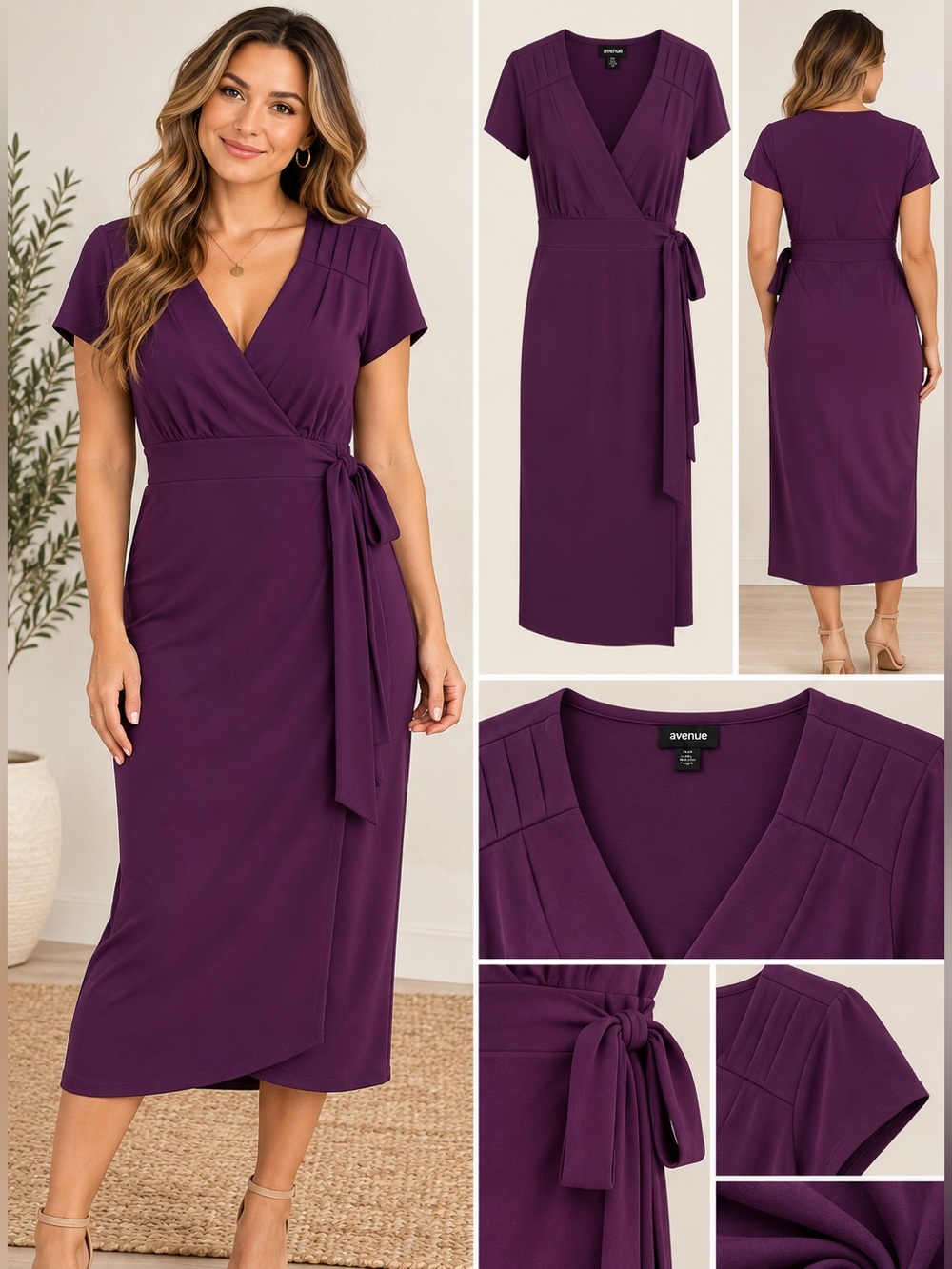 MASSIMO | Women's Purple Wrap Midi Dress - Classic V-Neck Tie Waist